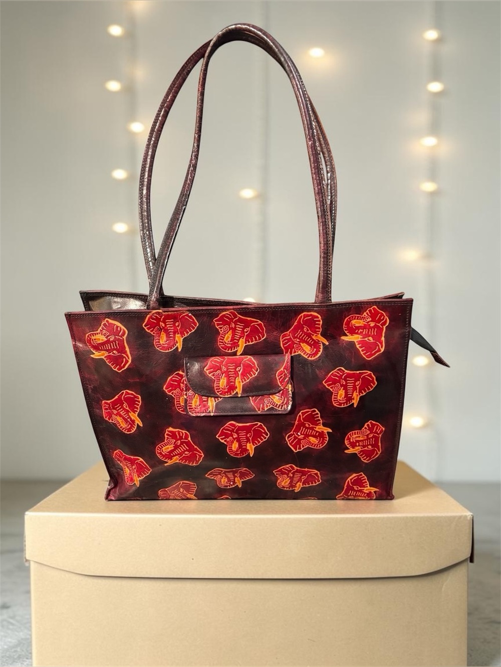 Large Vintage Leather Elephant Safari Print Bag